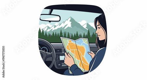 Woman in car looking at map with mountain and forest scenery