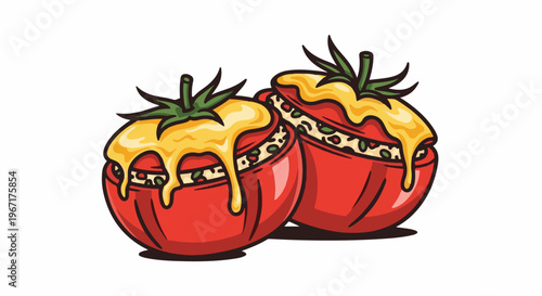 Two red tomatoes stuffed with filling and topped with melted cheese