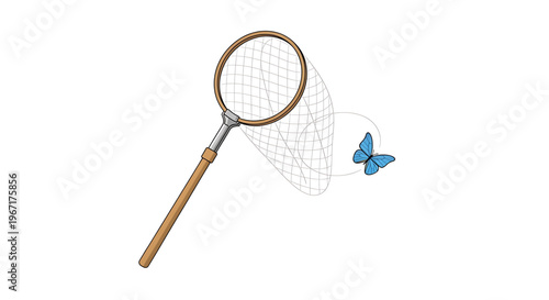 A vector graphic illustration of a butterfly net catching a blue butterfly