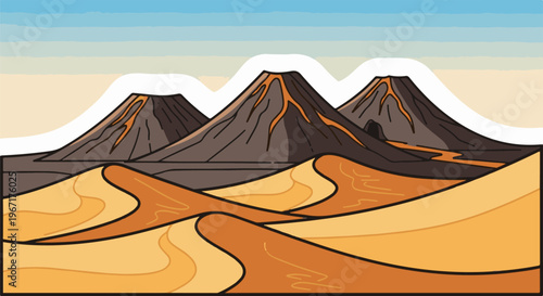 Stylized volcanic landscape with sand dunes under a pale sky