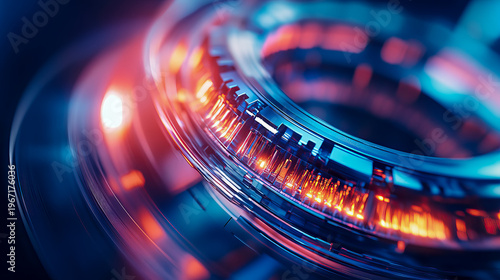 Dynamic abstract visualization of high-tech digital core, featuring vibrant red and blue neon illumination and intricate circuit-like elements, symbolizing advanced technology and data processing.