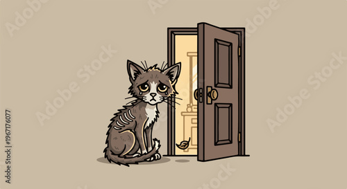 A sad, thin cat sits outside an open door, illuminated by a warm glow