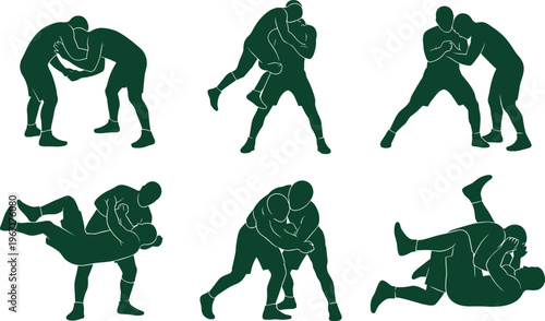 Set of green wrestling silhouettes featuring athletes in combat, grappling positions, takedowns, and professional fighting poses for sports and fitness.