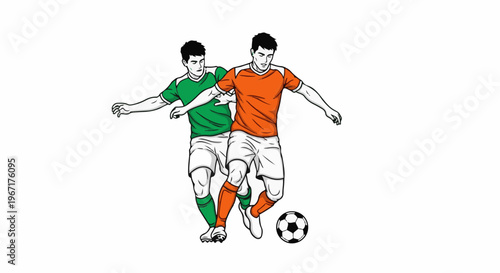 Two soccer players in a physical duel over a ball, one green, one orange