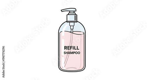 A minimalist vector illustration of a refill shampoo bottle with a pink liquid and a pump dispenser