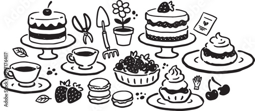 black and white drawing of desserts and garden tools