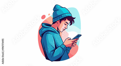 Young person in a blue beanie and hoodie texting on a smartphone