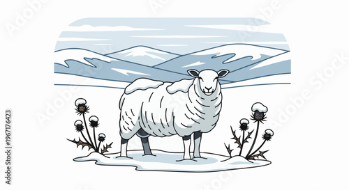A fluffy sheep stands in the snow with thistles and a snowy mountain backdrop