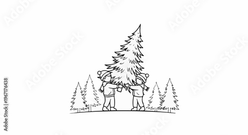 Two children in winter hats and scarves hold a large pine tree