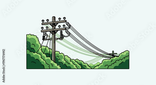 Utility pole with wires crossing over green rolling hills and trees