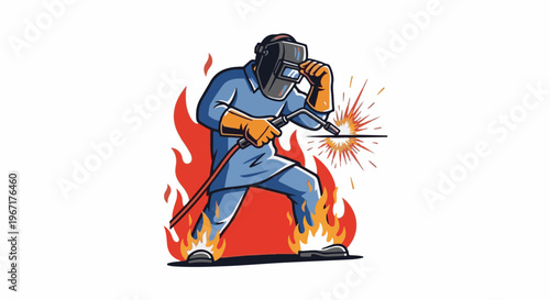 Welder in protective gear sparks intensely during work, surrounded by flames