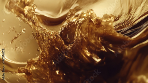 A close-up view of a rich, golden liquid splashing and swirling in a dynamic motion.