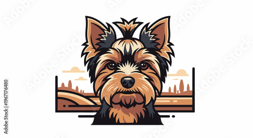 A detailed illustration of a Yorkshire Terrier's face with a stylized landscape