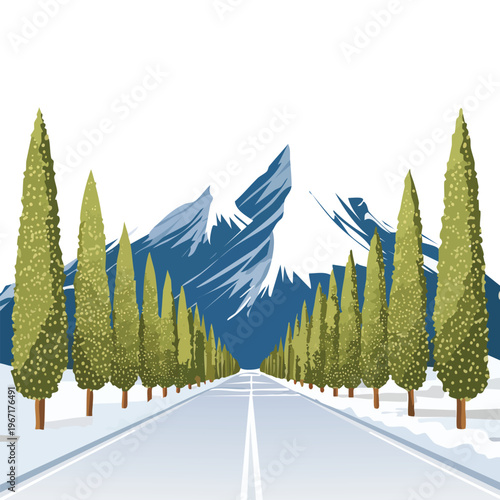 Road leading to mountain range with green trees on both sides in landscape