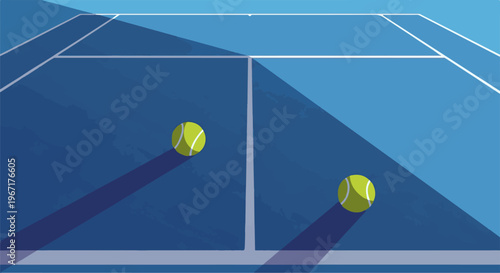 Two yellow tennis balls resting on a blue court with long shadows