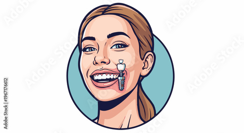 Woman's smiling face showing a dental implant in her mouth