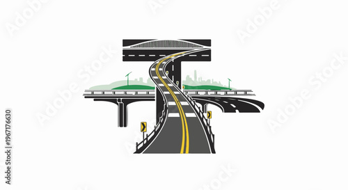 A complex highway interchange with multiple levels and a cityscape background