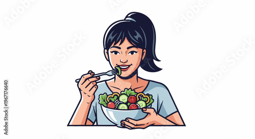 Young woman with dark hair in a ponytail eats a healthy salad from a bowl