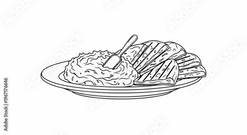 A close-up line drawing of mashed potatoes and grilled food on a plate