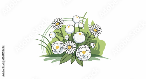 A delightful bunch of white daisies and fluffy buds amidst green leaves and grass