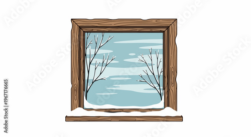 Wooden window frame with winter scene of snow and bare branches visible