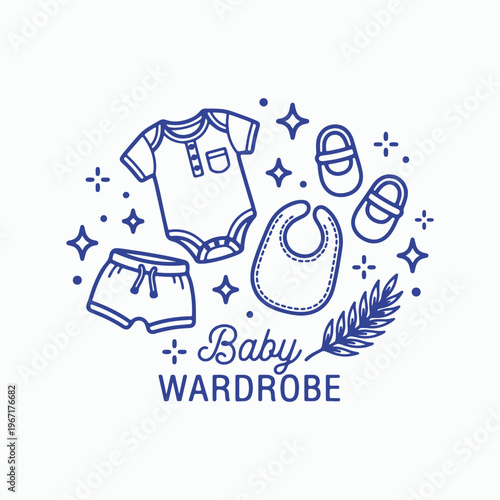 Hand-Drawn Blue Outline Baby Clothes and Accessories Set, Nursery Graphic Elements on White