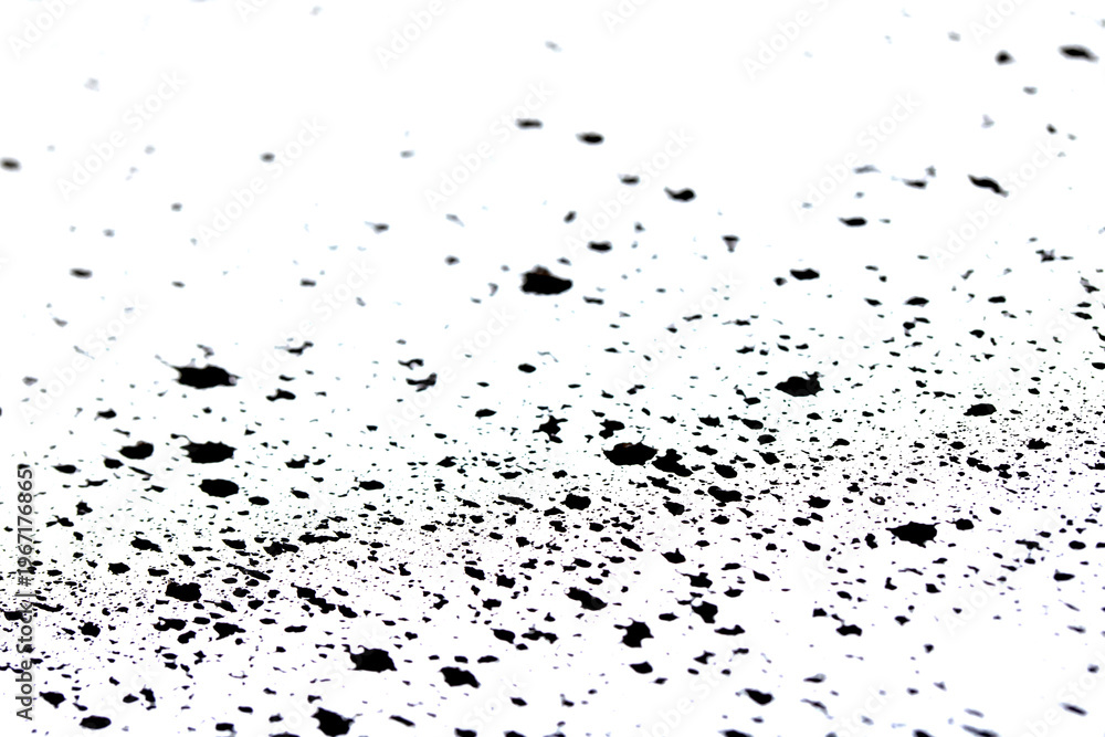 Fototapeta premium Close up of black ink paint splatters on a white background