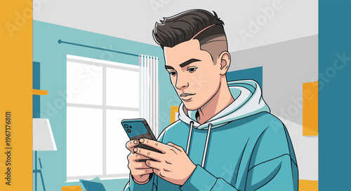 Young person engrossed in their smartphone at home