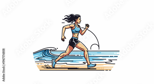 Woman jogging on beach with ocean waves and sun arc