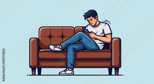 Young man on brown sofa using smartphone on light blue background