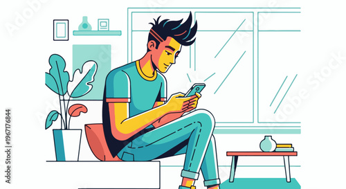 Young person relaxing at home, focused on their smartphone