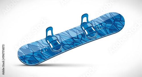 A blue snowboard with a geometric pattern and three bindings is displayed on a white background