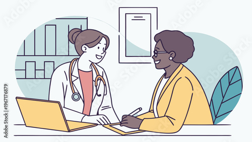 Professional doctor consulting patient in clinic, friendly healthcare environment, flat vector style.