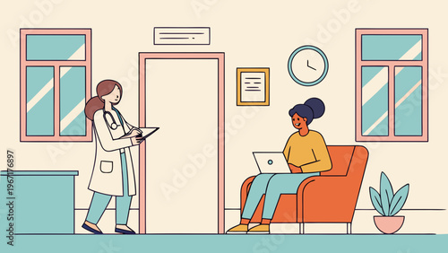 Professional doctor consulting patient in clinic, friendly healthcare environment, flat vector style.
