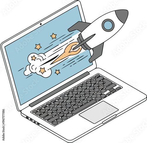 Business Startup Concept Illustration of a Rocket Launching from a Laptop Screen Representing Growth and Success