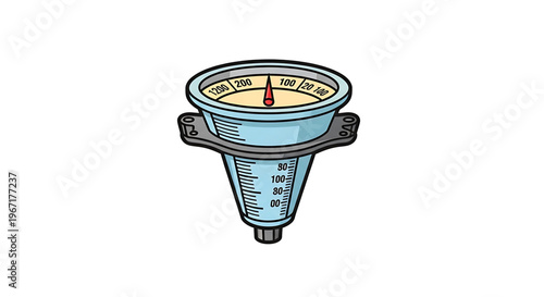 A vector graphic illustration of a funnel with a gauge measuring progress and efficiency in a business or industrial setting.