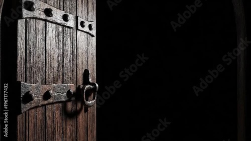 An old, medieval wooden door opens on a black background. This animation is a perfect transition or intro for revealing a title or a new scene.