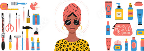 Beauty and Hair Care Vector Set with Woman Portrait, Cosmetics, Hairdresser Tools, Makeup Products, and Personal Care Accessories for Salon and Fashion Design