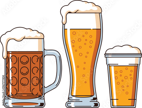 Beer Glass Collection - Craft Beer Mug, Pilsner Glass, and Takeaway Cup Vector Illustration