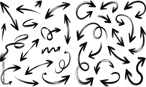 Pencil chalk arrow scribbles collection - hand drawn doodle pointers, curved lines, and round swirls. Chaotic artistic strokes, marker design elements set. Sketchy black outline drawings vector pack.