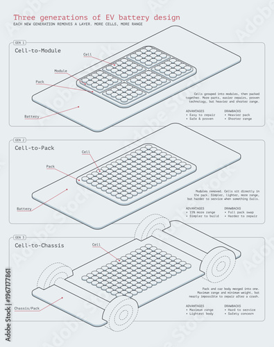 Three EV Battery Design Generations Technical Line Art Chart