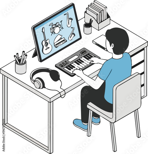Isometric Illustration of a Man Producing Music in a Digital Home Studio with MIDI Keyboard and Computer Screen