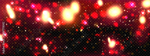 Red glitter light with magic bokeh particle. Pink firefly sparkle and smoke effect overlay background. Shiny and festive fluorescent bug explosion in motion. Abstract flying witchcraft particles