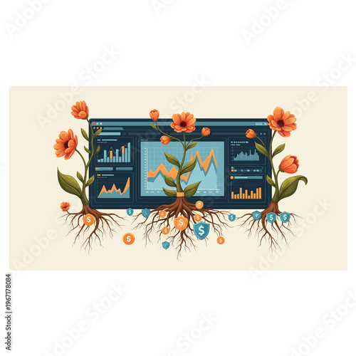Abstract conceptualization of financial growth and investment strategies represented by blooming flowers and plant roots entwined with coins and data dashboards Vector art