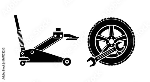 Car Repair and Maintenance Tools Set with Hydraulic Floor Jack, Tire, and Wrench Silhouette