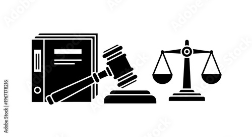 Law and Justice Concept Vector Illustration with Judge Gavel, Scales of Justice and Legal Document Files