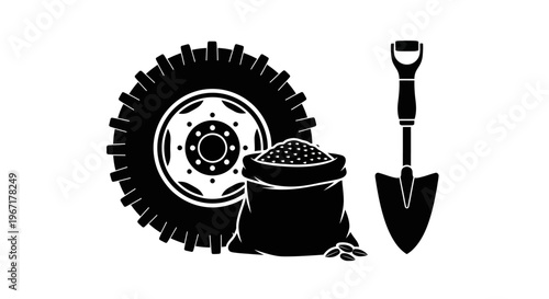 Agriculture and Farming Concept Vector Illustration with Tractor Tire, Seed Sack, and Shovel Silhouette
