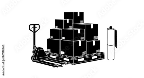 Logistics and Warehouse Equipment Vector with Pallet Jack, Cardboard Boxes on Pallet and Stretch Wrap