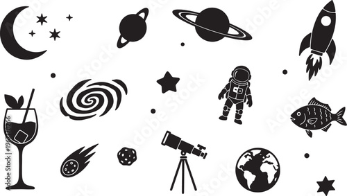 Black and white space and astronomy icons with cocktail glass