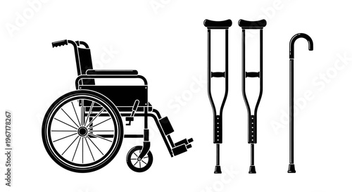 Medical Mobility Equipment Set Vector with Wheelchair, Crutches, and Walking Cane Silhouette